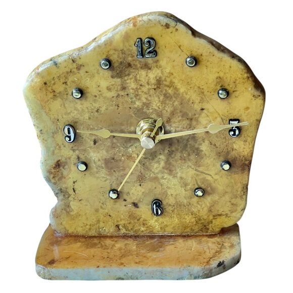 Quartz Stone Desk Clock Gold Hands & Numbers Tested Works Table Top Shelf VTG - Picture 5 of 9